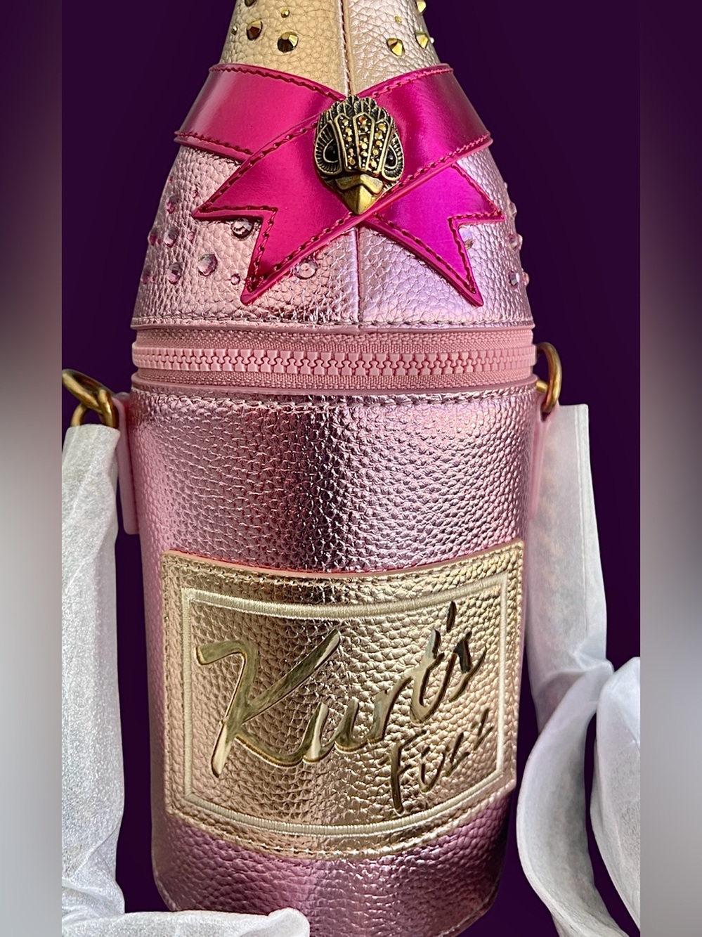 Kurt Geiger Champagne Bottle Crossbody Purse Pinks & Gold PU Leather/Dust BagNWT - Picture 16 of 17
